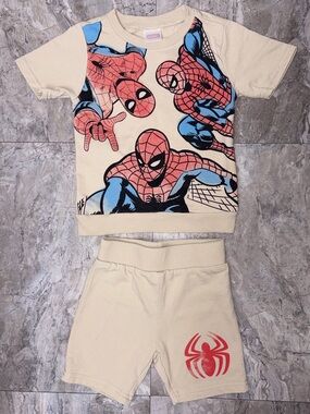 Marvel Kids Cream Tee & Shorts Set with Red & Blue Spider-Man Print